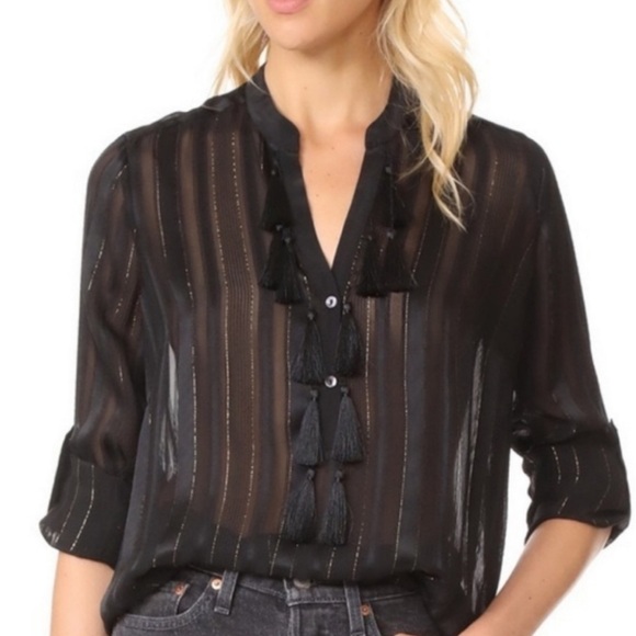 L’Agence Black Gold Silk Sheer Tassel Blouse, Small - Picture 1 of 10
